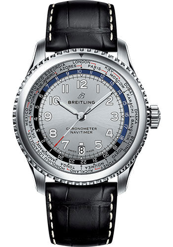 Breitling Aviator 8 B35 Automatic Unitime 43 Watch - Steel Case - Mercury Silver Dial - Black Croco Strap - AB3521U01G1P2